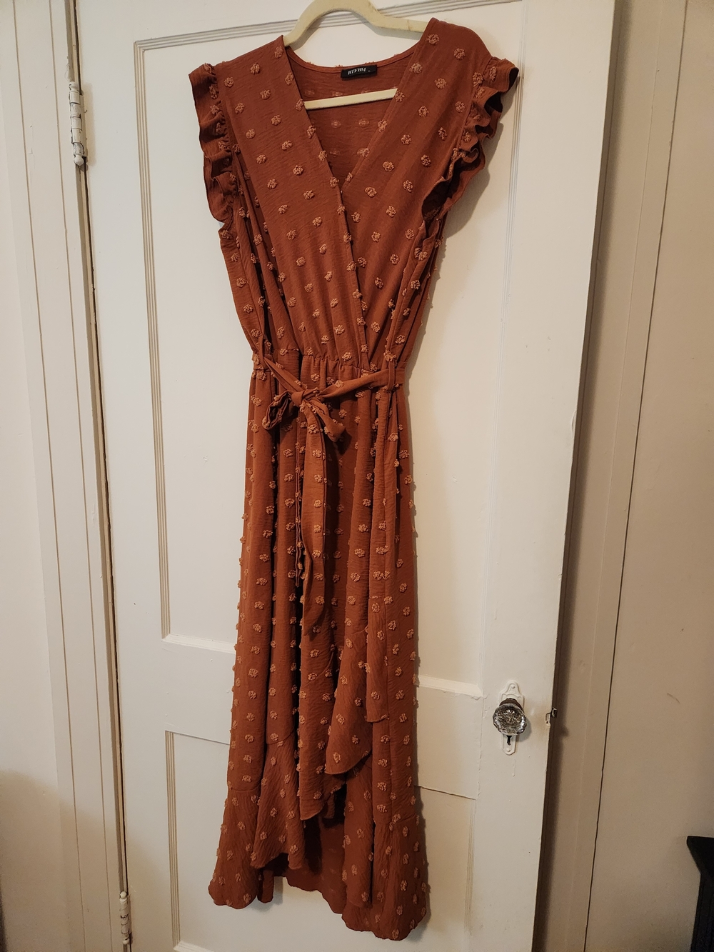 XL Rust Swiss Dot Ruffle Wrap Maxi Dress Fall Wedding Guest